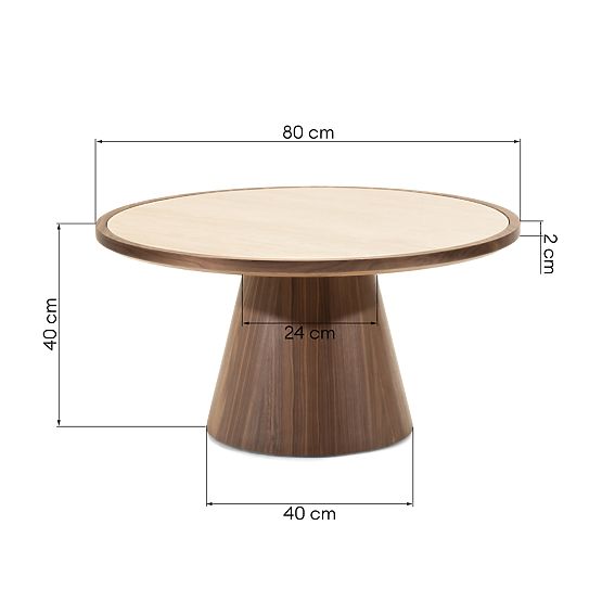 Table basse Kyoto 80 cm, ronde, travertin/noyer