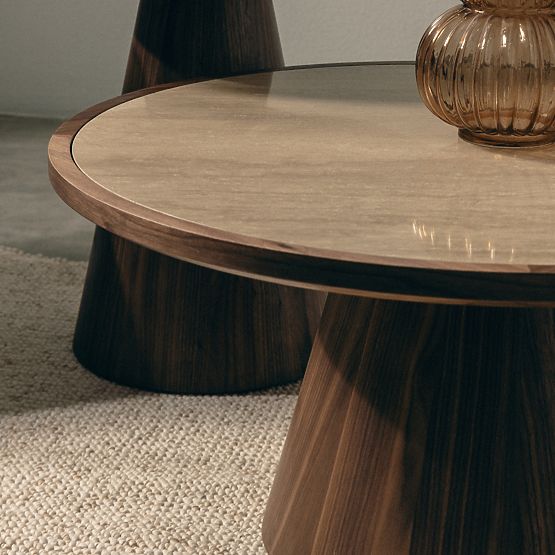 Table basse Kyoto 80 cm, ronde, travertin/noyer