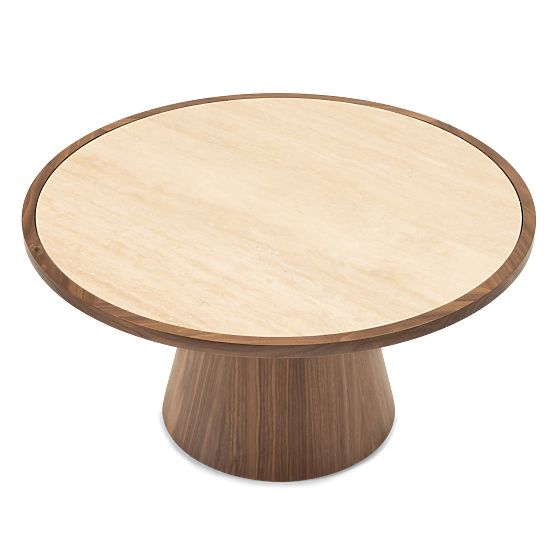 Table basse Kyoto 80 cm, ronde, travertin/noyer