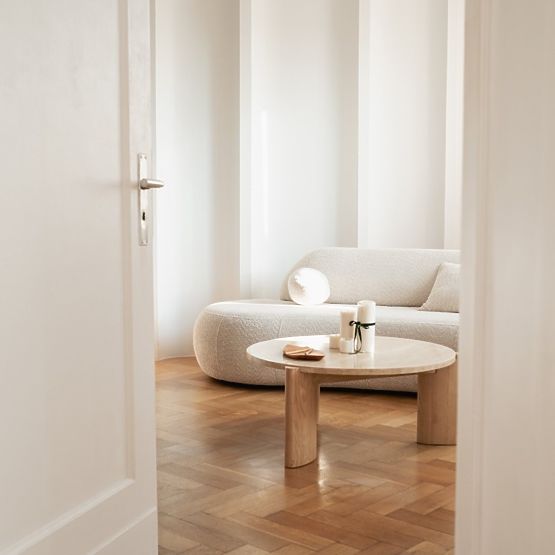 Table basse Medley 90 cm, ronde, travertin/frêne