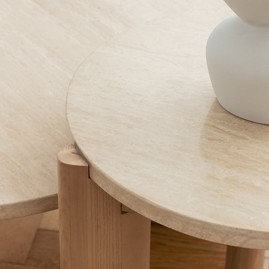 Table basse Medley 90 cm, ronde, travertin/frêne