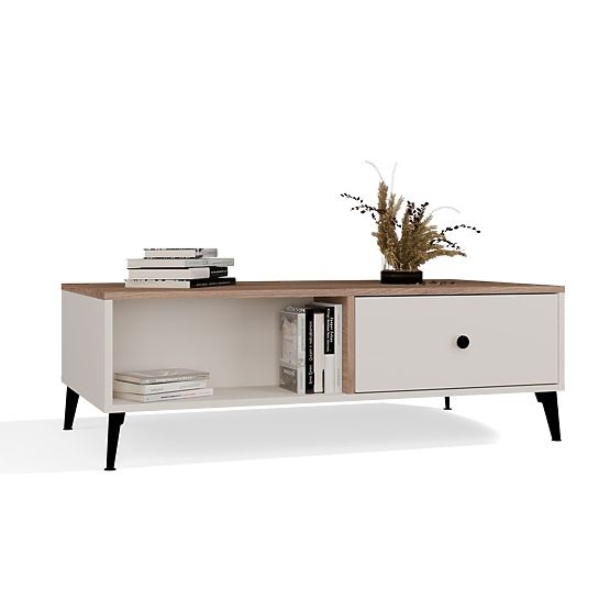 Table basse POINT 2S 110 Beige Cachemire Chêne Castello 2 Tiroirs pour Salon