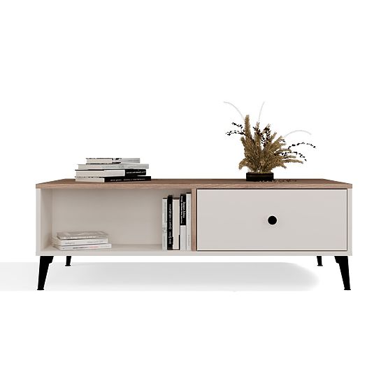 Table basse POINT 2S 110 Beige Cachemire Chêne Castello 2 Tiroirs pour Salon