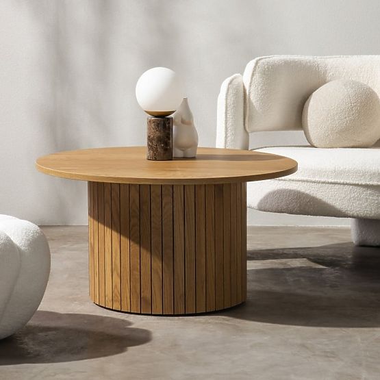 Table basse Remigio 80 cm, ronde avec lamelles, chêne