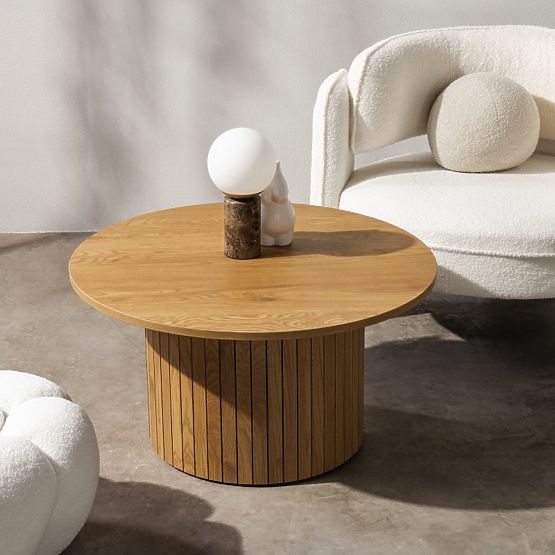 Table basse Remigio 80 cm, ronde avec lamelles, chêne