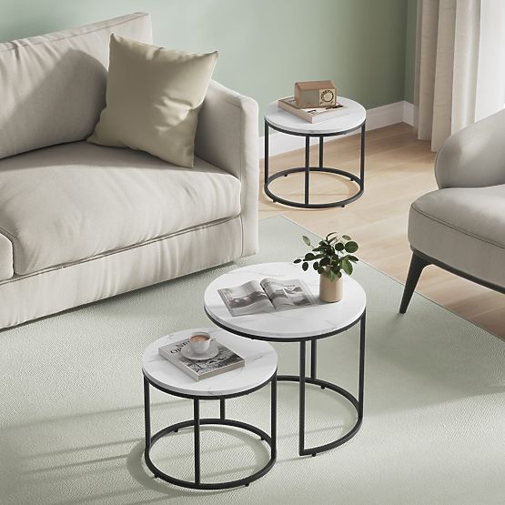 Table basse ronde 2 pcs - marbre / pieds noirs