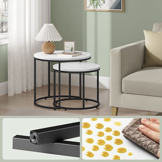 Table basse ronde 2 pcs - marbre / pieds noirs