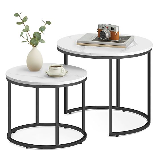 Table basse ronde 2 pcs - marbre / pieds noirs