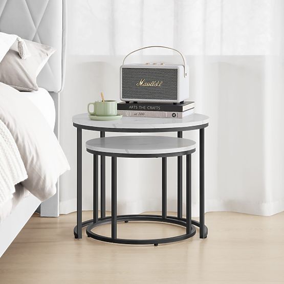 Table basse ronde 2 pcs - marbre / pieds noirs