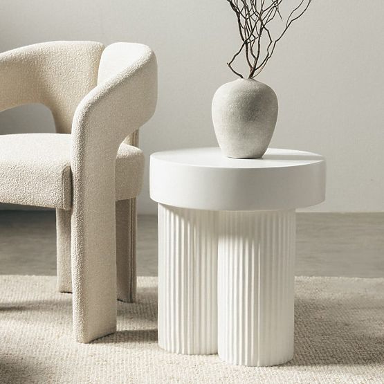 Table basse Salerno 45 cm, ronde, blanche, avec rainures