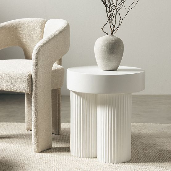 Table basse Salerno 45 cm, ronde, blanche, avec rainures