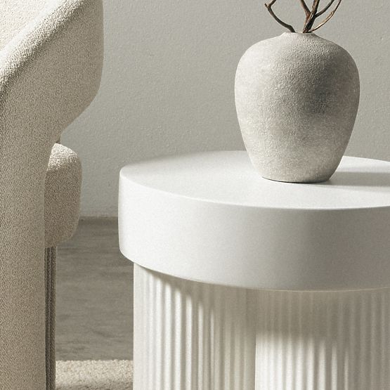 Table basse Salerno 45 cm, ronde, blanche, avec rainures