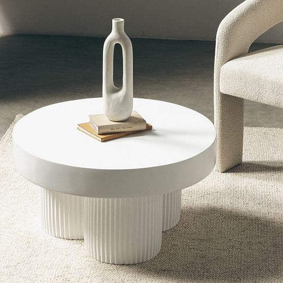 Table basse Salerno 70 cm, ronde, blanche, rainurée