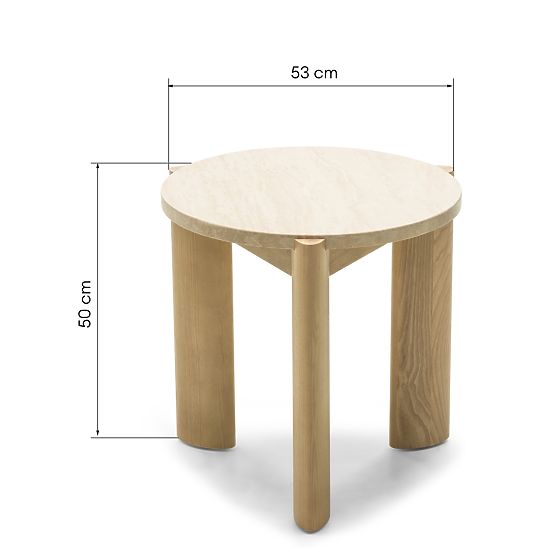 Table d'appoint Medley 50 cm, ronde, travertin/frêne