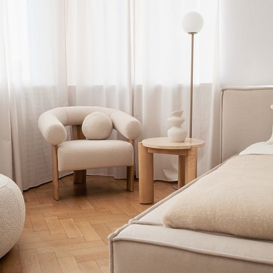 Table d'appoint Medley 50 cm, ronde, travertin/frêne