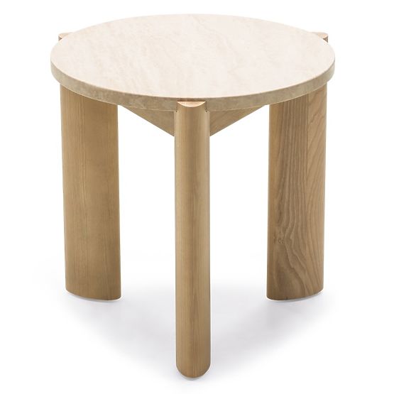 Table d'appoint Medley 50 cm, ronde, travertin/frêne