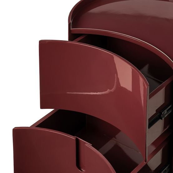 Table de chevet avec tiroirs Vena, bordeaux/marron, arrondi, brillant