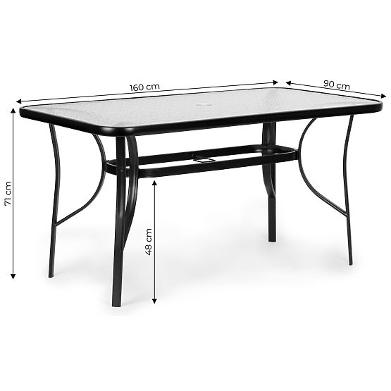 Table de jardin 160x90 cm en verre trempé grande surface pour terrasse jardin avec trou pour parasol