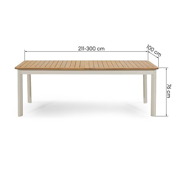 Table de jardin extensible Porticato 211-300 cm en bois d'acacia FSC, aspect teck, beige clair