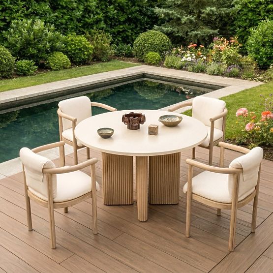 Table de jardin Komorebi 130 cm avec plateau en pierre, bois d'acacia clair/beige clair, rond, latte