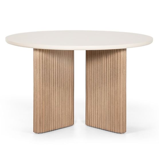 Table de jardin Komorebi 130 cm avec plateau en pierre, bois d'acacia clair/beige clair, rond, latte