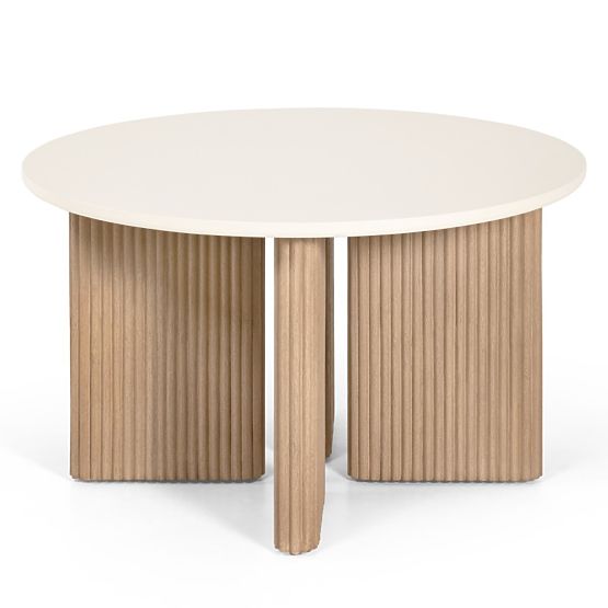 Table de jardin Komorebi 130 cm avec plateau en pierre, bois d'acacia clair/beige clair, rond, latte