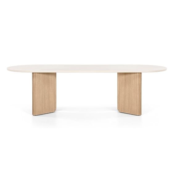 Table de jardin Komorebi 270 cm avec plateau en pierre, bois d'acacia clair/beige clair, ovale, à la