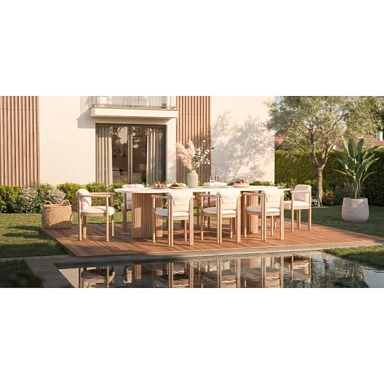 Table de jardin Komorebi 270 cm avec plateau en pierre, bois d'acacia clair/beige clair, ovale, à la