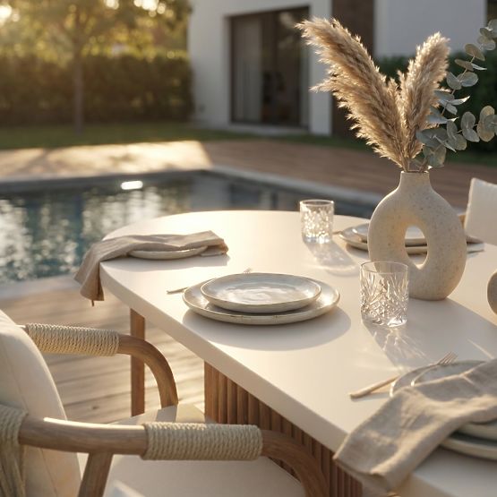 Table de jardin Komorebi 270 cm avec plateau en pierre, bois d'acacia clair/beige clair, ovale, à la