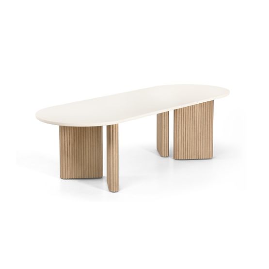 Table de jardin Komorebi 270 cm avec plateau en pierre, bois d'acacia clair/beige clair, ovale, à la
