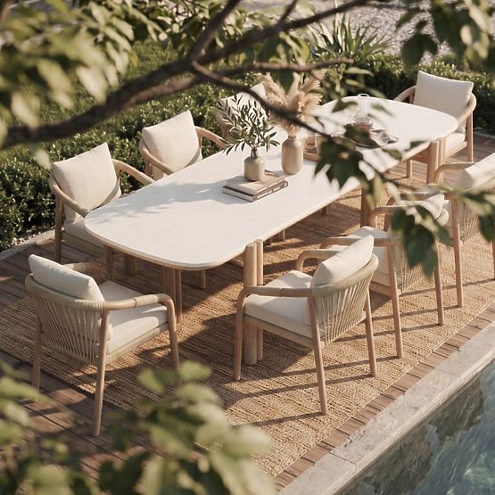 Table de jardin Komorebi 280 cm avec plateau en pierre, bois d'acacia clair/beige clair, rectangulai