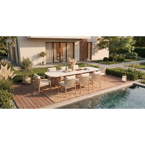 Table de jardin Komorebi 280 cm avec plateau en pierre, bois d'acacia clair/beige clair, rectangulai