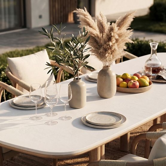 Table de jardin Komorebi 280 cm avec plateau en pierre, bois d'acacia clair/beige clair, rectangulai
