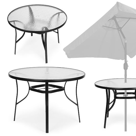 Table de jardin rond 105 cm pour terrasse, jardin, balcon, verre trempé, trou pour parasol MultiGard