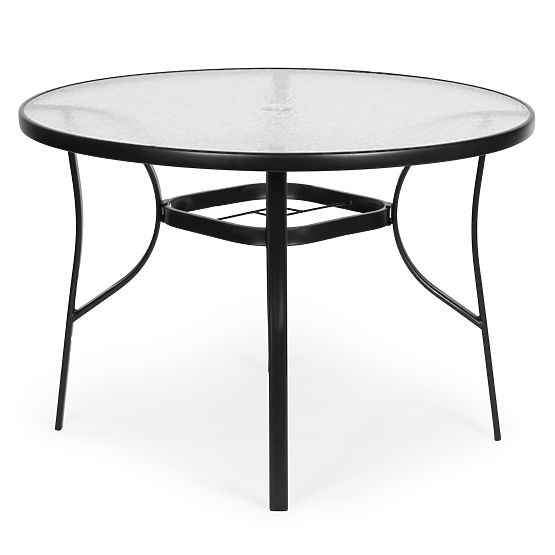 Table de jardin rond 105 cm pour terrasse, jardin, balcon, verre trempé, trou pour parasol MultiGard