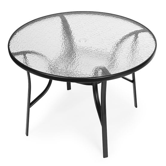 Table de jardin rond 105 cm pour terrasse, jardin, balcon, verre trempé, trou pour parasol MultiGard