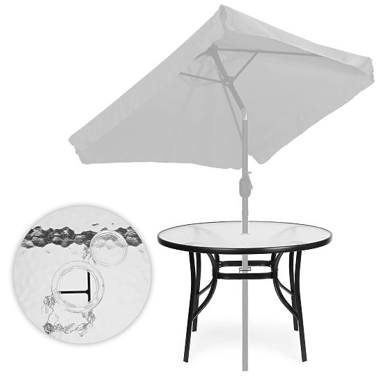 Table de jardin rond 105 cm pour terrasse, jardin, balcon, verre trempé, trou pour parasol MultiGard
