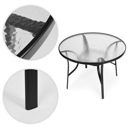 Table de jardin rond 105 cm pour terrasse, jardin, balcon, verre trempé, trou pour parasol MultiGard