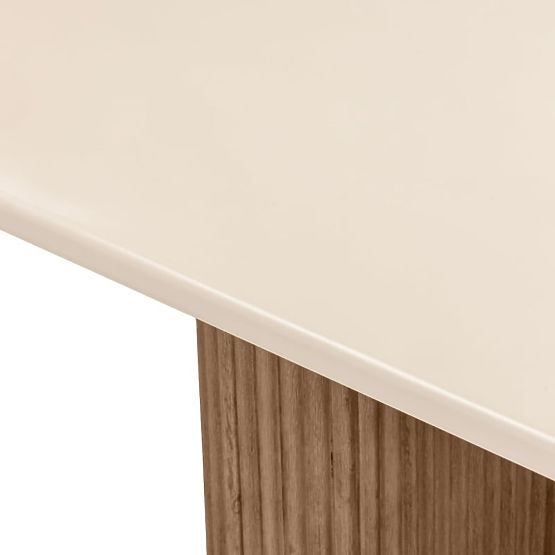 Table de jardin Rovigo 220 cm avec plateau en pierre, bois d'acacia foncé/beige clair, formes arrond