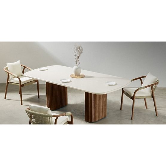 Table de jardin Rovigo 220 cm avec plateau en pierre, bois d'acacia foncé/beige clair, formes arrond