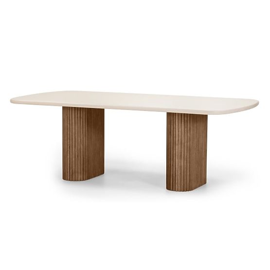 Table de jardin Rovigo 220 cm avec plateau en pierre, bois d'acacia foncé/beige clair, formes arrond