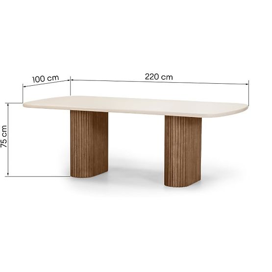 Table de jardin Rovigo 220 cm avec plateau en pierre, bois d'acacia foncé/beige clair, formes arrond
