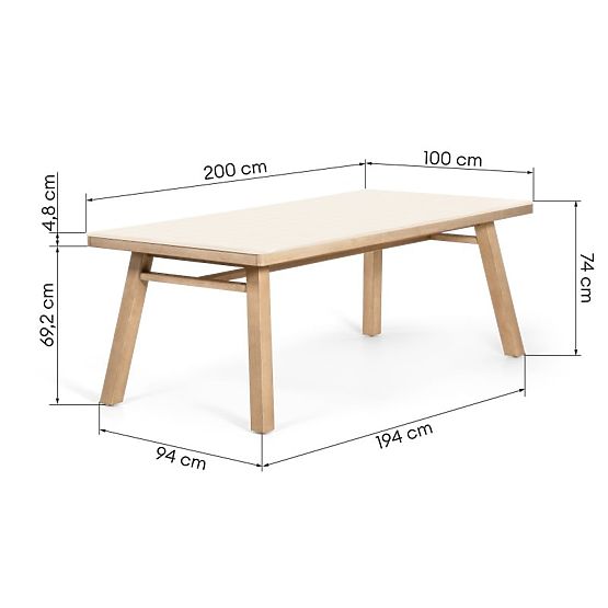 Table de jardin Wabi 200 cm avec plateau en pierre, bois d'acacia clair/beige clair, rectangulaire