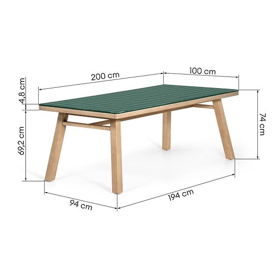 Table de jardin Wabi 200 cm avec plateau en pierre, bois d'acacia clair/vert, rectangulaire