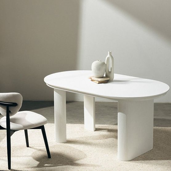 Table extensible Audrey 160-240 cm, ovale, blanc, avec rainures, formes arrondies