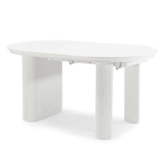 Table extensible Audrey 160-240 cm, ovale, blanc, avec rainures, formes arrondies