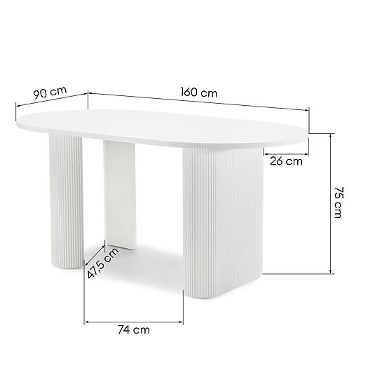 Table extensible Audrey 160-240 cm, ovale, blanc, avec rainures, formes arrondies