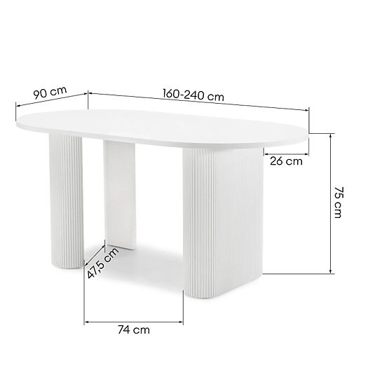 Table extensible Audrey 160-240 cm, ovale, blanc, avec rainures, formes arrondies