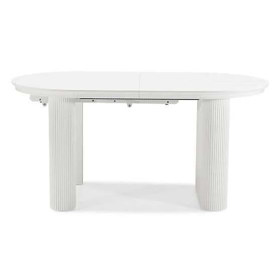 Table extensible Audrey 160-240 cm, ovale, blanc, avec rainures, formes arrondies