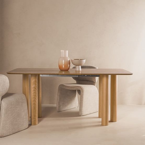 Table extensible Loa 140-200 cm, placage de chêne, naturel, bois de hêtre, arrondi